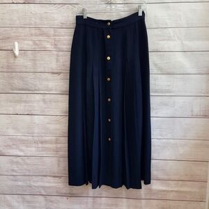 VINTAGE JH COLLECTIBLES 100% WOOL PLEATED MIDI SKIRT IN NAVY BLUE